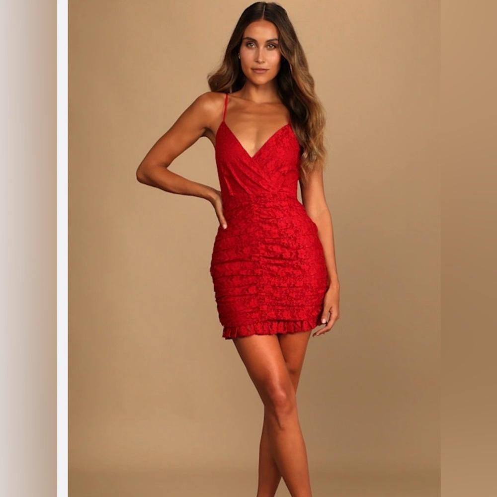 Frilled To Be Here Red Lace Ruched Mini Dress size Small
Lulus sold out on LuLu